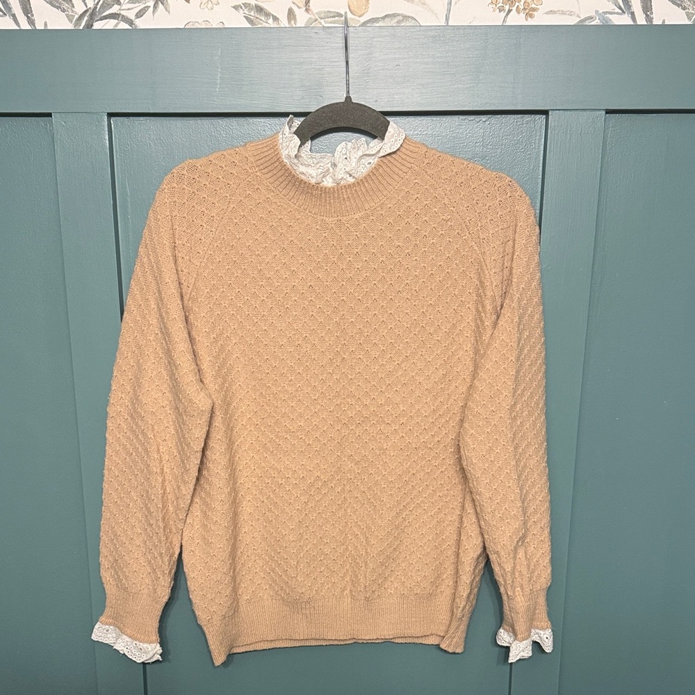 Women's Tan Sweater with eyelet ruffle collar and wrists